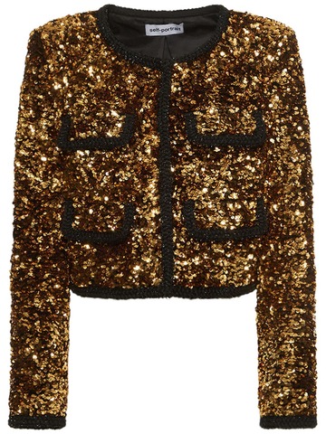 SELF-PORTRAIT Sequined Cropped Jacket in gold