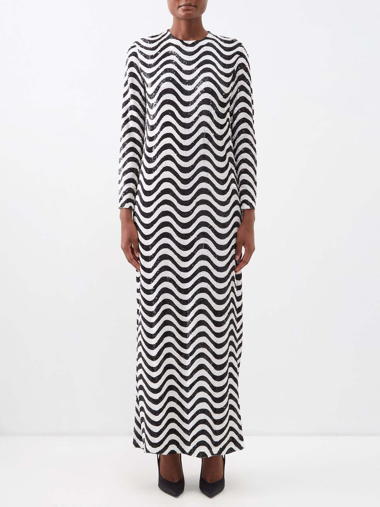 Ashish - Optic Wave Sequinned Long-sleeved Maxi Dress - Womens - Black White