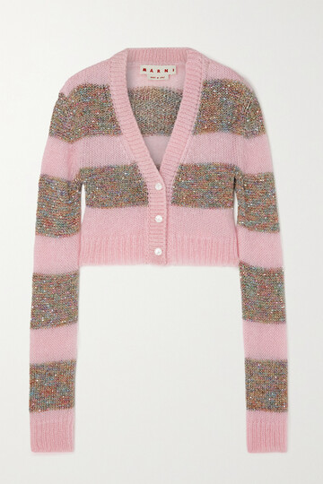 marni - cropped sequin-embellished striped knitted cardigan - pink