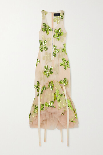 simone rocha - tiered sequin-embellished grosgrain-trimmed tulle midi dress - neutrals