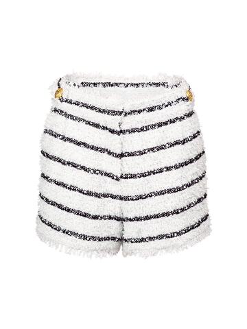 BALMAIN Cotton Blend Tweed Striped Mini Shorts in black / white