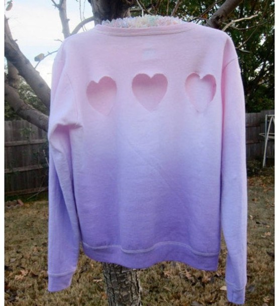 sweater pink blue purple heart cut out heart sweater