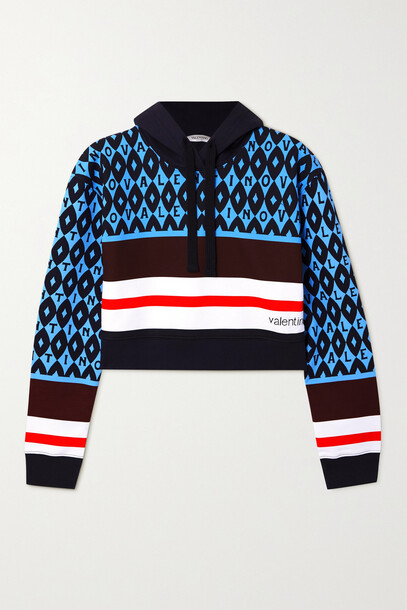 Valentino - Cropped Printed Cotton-jersey Hoodie - Blue