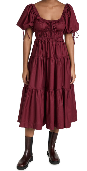 En Saison Poplin Tiered Midi Dress in burgundy