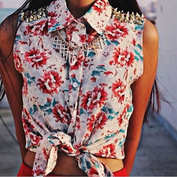 shirt cross necklace floral studded collar blouse jewels