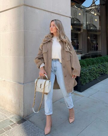 shoes,ankle boots,oversized jacket,high waisted jeans,white sweater,ysl bag,white bag