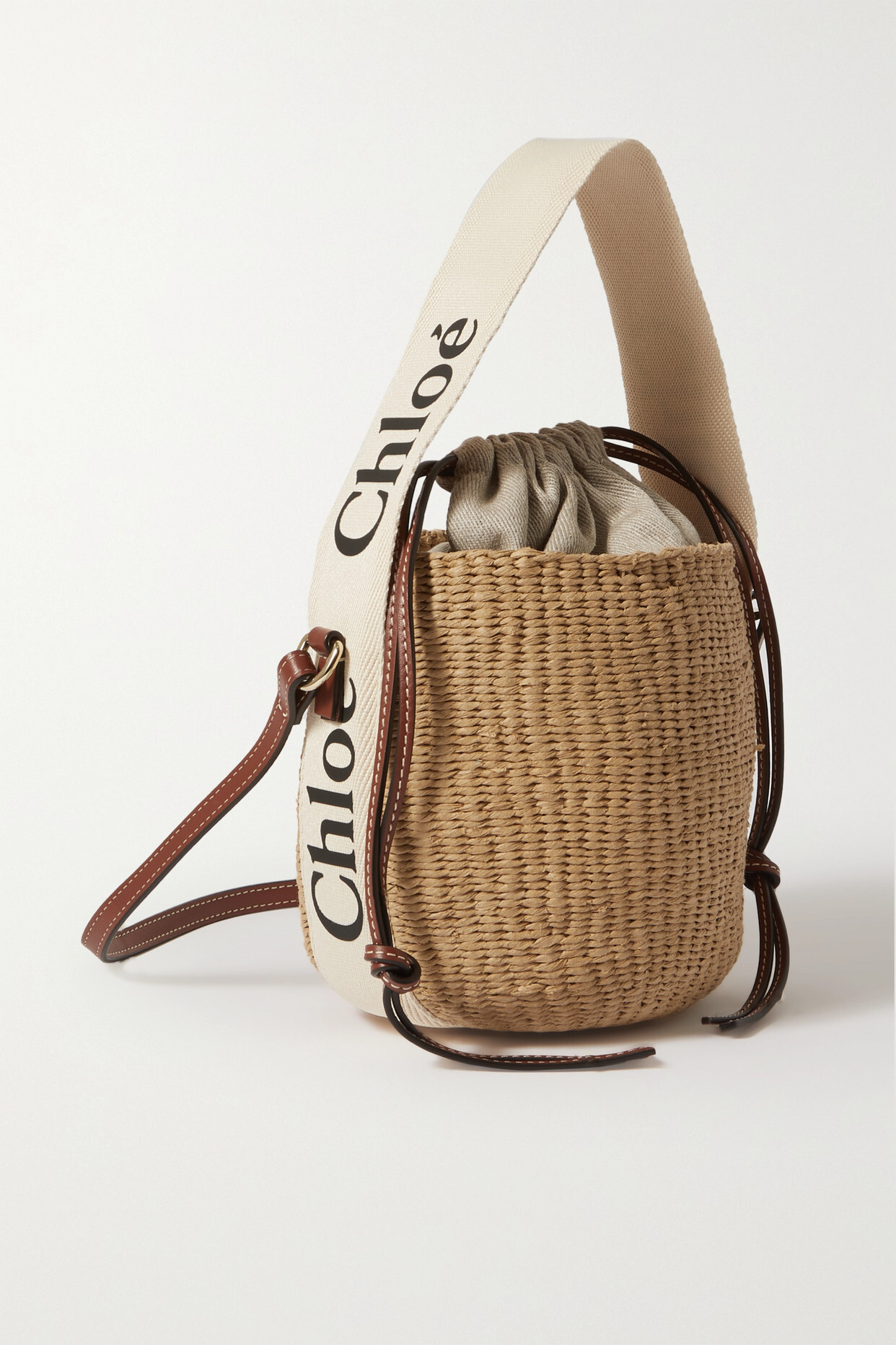 Chloé Chloé - Woody Small Leather-trimmed Raffia Basket Bag - White