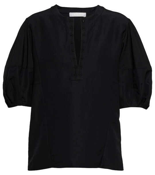 ChloÃ© Balloon-sleeve linen and silk top in black