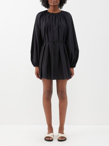 matteau - gathered cotton-blend mini dress - womens - black