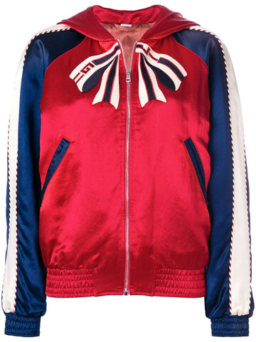 Gucci colour block hooded bomber jacket with Tiger print in red