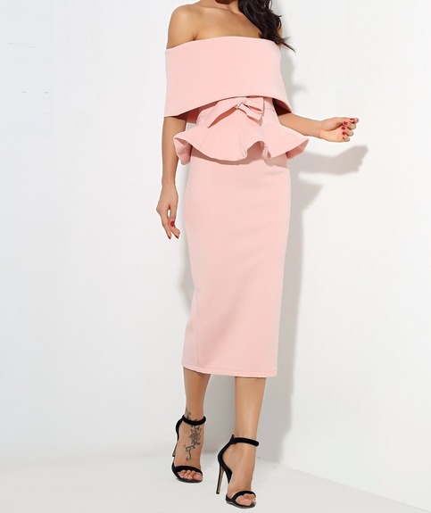 Pink Off Shoulder Peplum Bodycon Two Pieces Bow Belt Sets on Storenvy