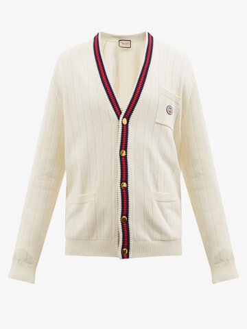 gucci - gg-embroidered web-stripe cotton cardigan - mens - white