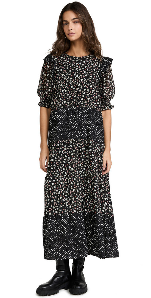 ENGLISH FACTORY Floral & Dot Print Maxi Dress in black / multi