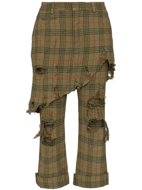 R13 distressed skirt-detail checked trousers in green