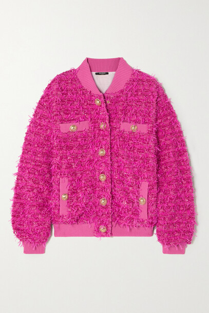 Balmain - + Barbie Embellished Metallic Bouclé-tweed Bomber Jacket - Pink