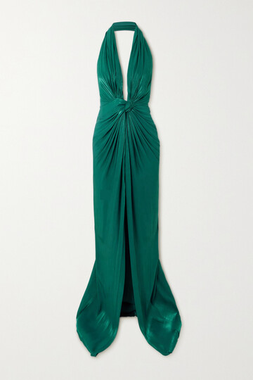 costarellos - twist-front metallic georgette halterneck gown - green