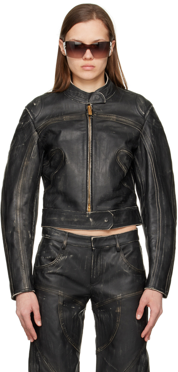blumarine black distressed leather jacket in nero