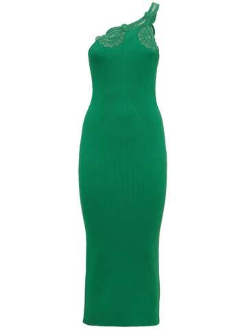 SELF-PORTRAIT One Shoulder Ribbed Viscose Midi Dress in green