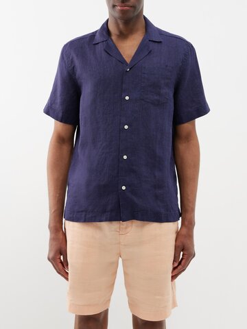 frescobol carioca - angelo linen short-sleeved shirt - mens - dark navy