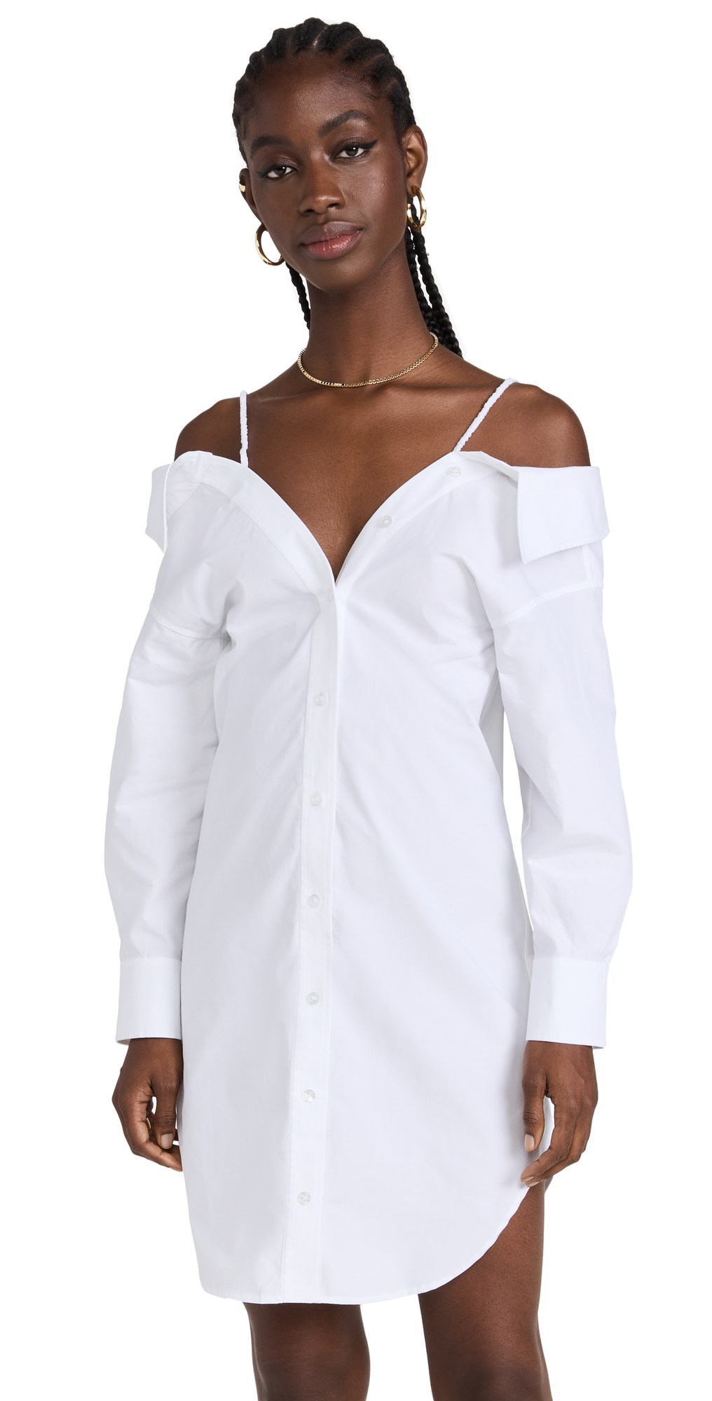 Alexander Wang Off Shoulder Shirt Dress with Scrunchie Straps in white