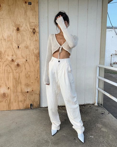 pants, high waisted pants, pleated, white boots, crop tops - Wheretoget
