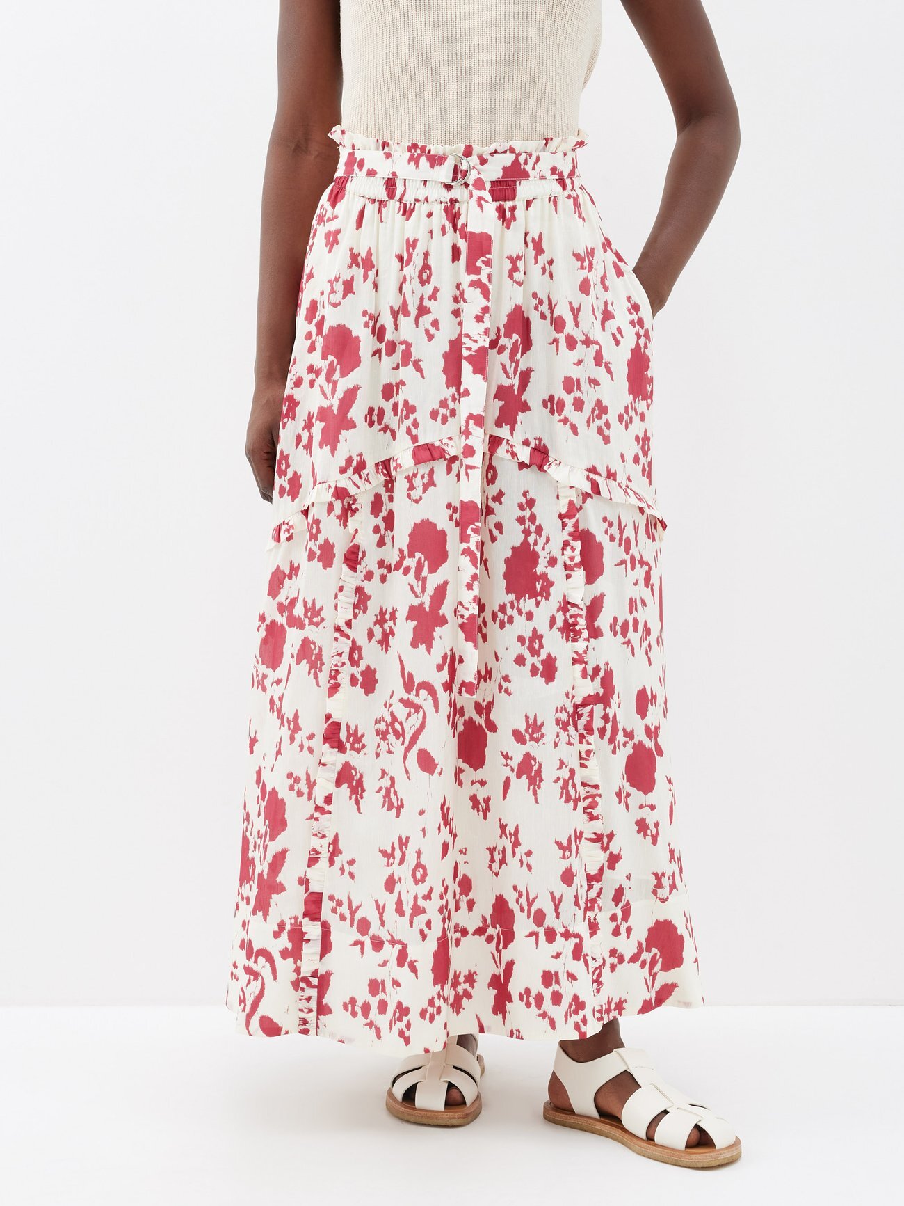 Lee Mathews - Irina Floral-print Linen-blend Crepe Midi Skirt - Womens - Red White