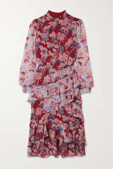 Saloni - Isa Tiered Ruffled Floral-print Silk-chiffon Midi Dress - UK 4 in red