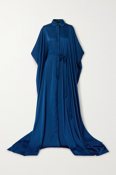 Benchellal - + Net Sustain Belted Cape-effect Satin Gown - Blue