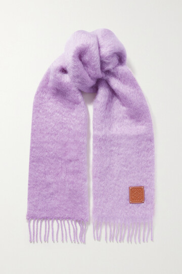 loewe - leather-trimmed fringed mohair-blend scarf - purple
