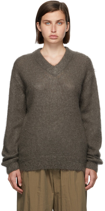 AURALEE Grey Mohair V-Neck Sweater in gray