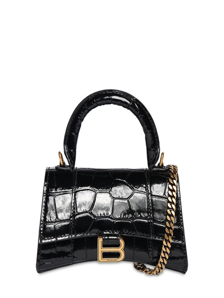 BALENCIAGA Mini Hourglass Croc Embossed Leather Bag in black