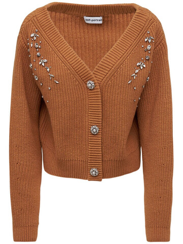 SELF-PORTRAIT Diamante Cotton & Wool Knit Cardigan in brown