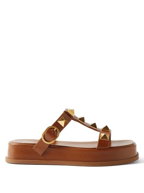 Valentino Garavani - Roman Stud Leather Platform Sandals - Womens - Brown