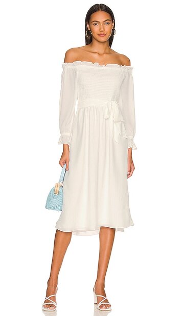 1. STATE Off the Shoulder Smocked Bodice Dress in White in ivory