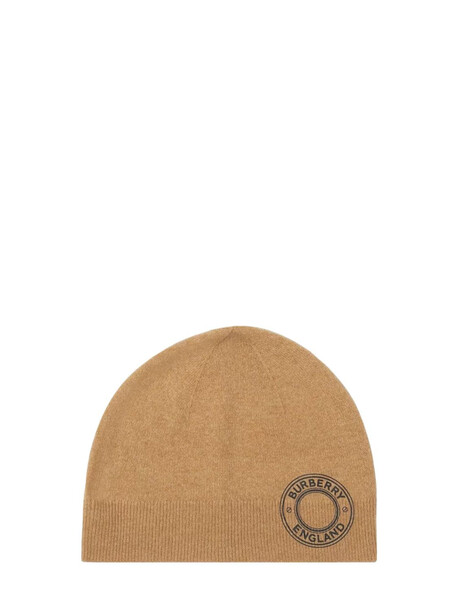 BURBERRY Round Logo Cashmere Blend Knit Beanie in camel