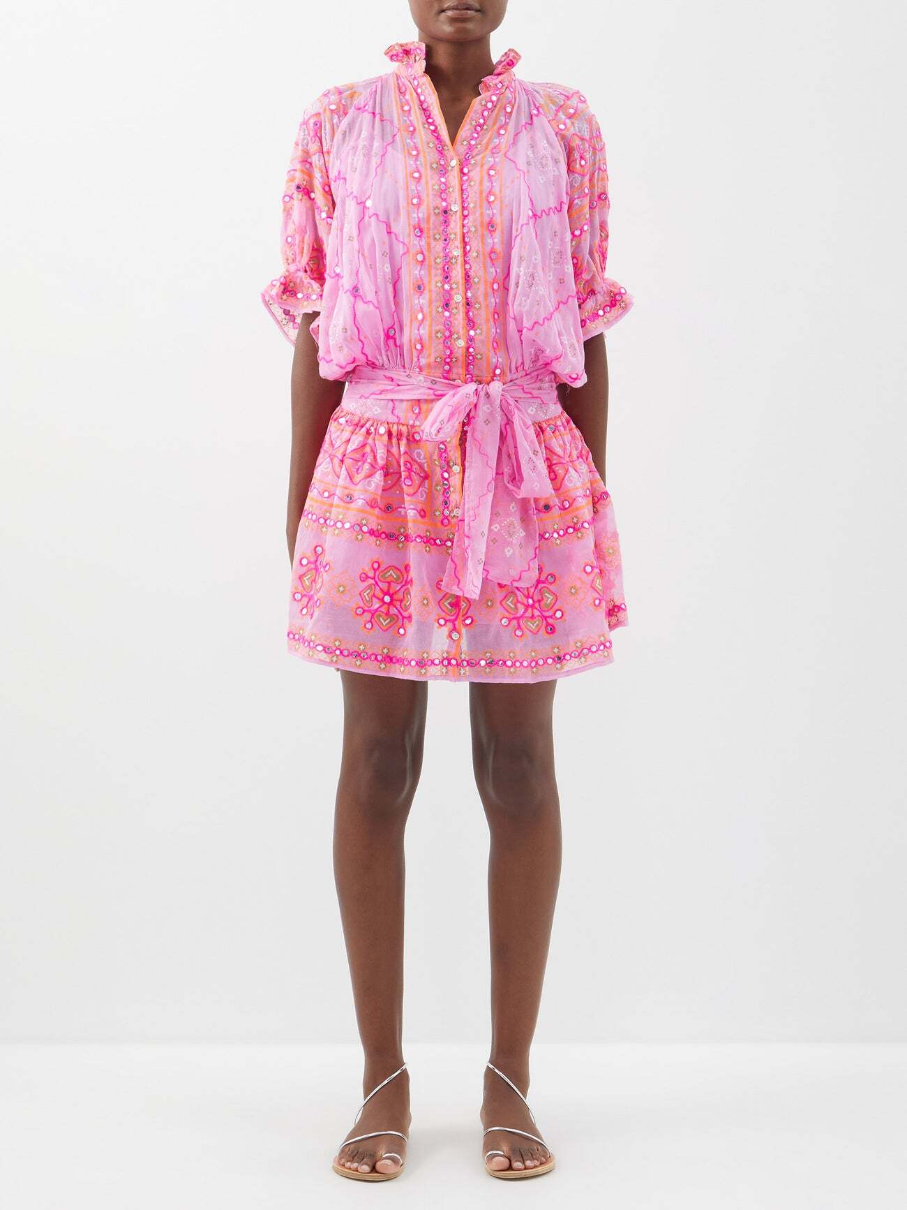 Juliet Dunn - Mirrored Mosaic-print Cotton Mini Shirt Dress - Womens - Pink Orange