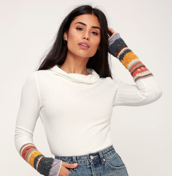 top knit sleeves white sweater multicolor