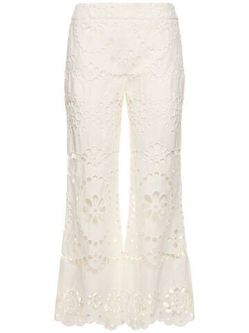 zimmermann lexi embroidered linen flared pants in ivory