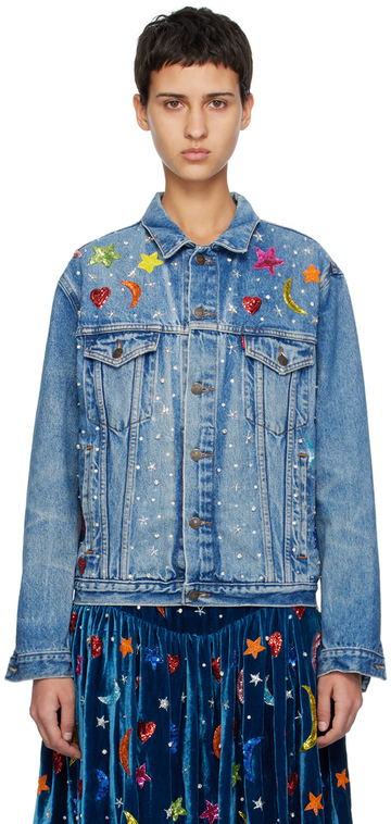 caro editions blue upcycled denim jacket in multi