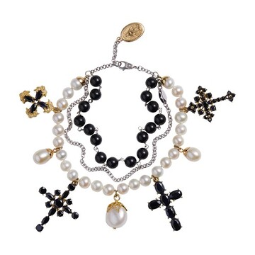 Dolce & Gabbana Yellow and white gold family bracelet with cblack sapphire, pearl and black jade beads