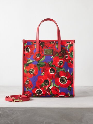 dolce & gabbana - anemone-print leather-trim canvas tote bag - womens - red multi