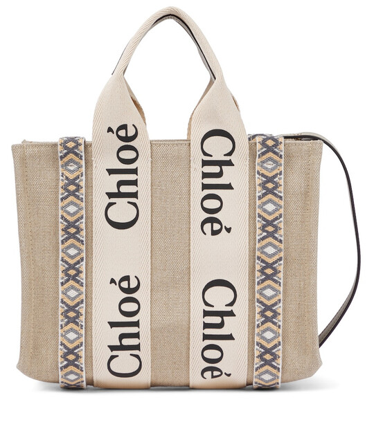 ChloÃ© Woody Small embroidered canvas tote in beige