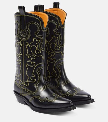 ganni embroidered leather cowboy boots in black