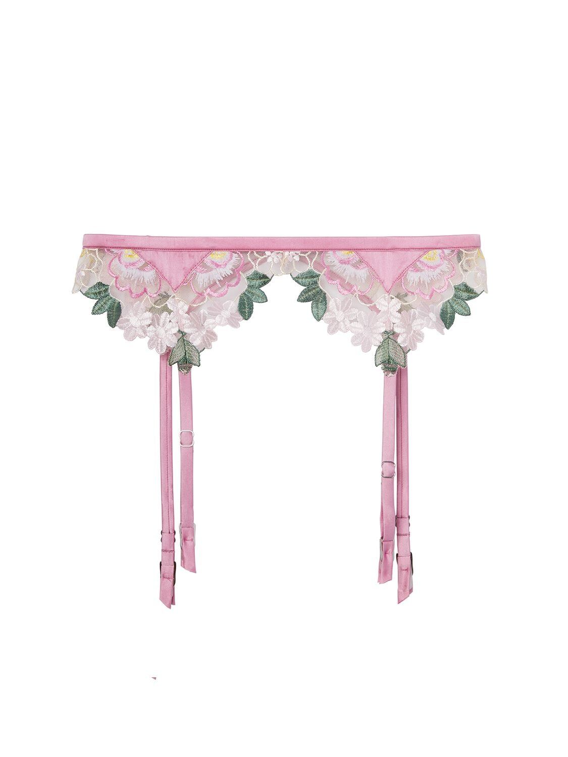 FLEUR DU MAL Jardin Embroidered Garter Belt in pink / multi
