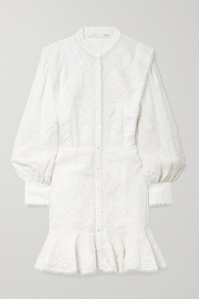 VERONICA BEARD - Analeah Ruffled Embroidered Ramie Mini Dress - White