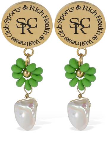 sporty & rich srhwc flower & bead earrings in gold / green
