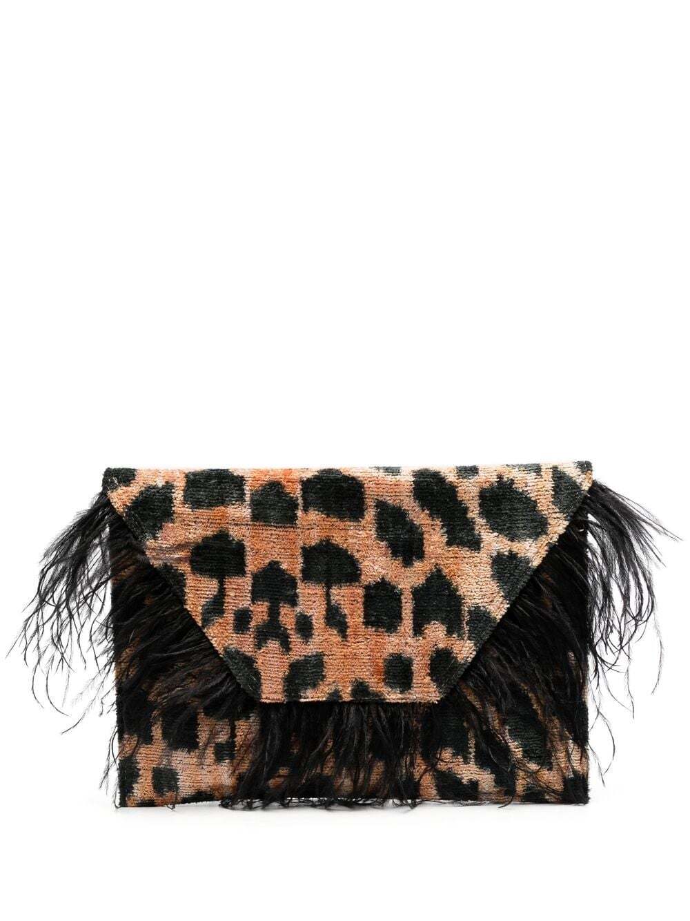 la milanesa feather-trim leopard-print clutch bag - Brown