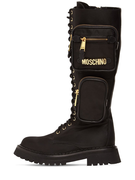 MOSCHINO 50mm Tall Nylon & Leather Boots in black