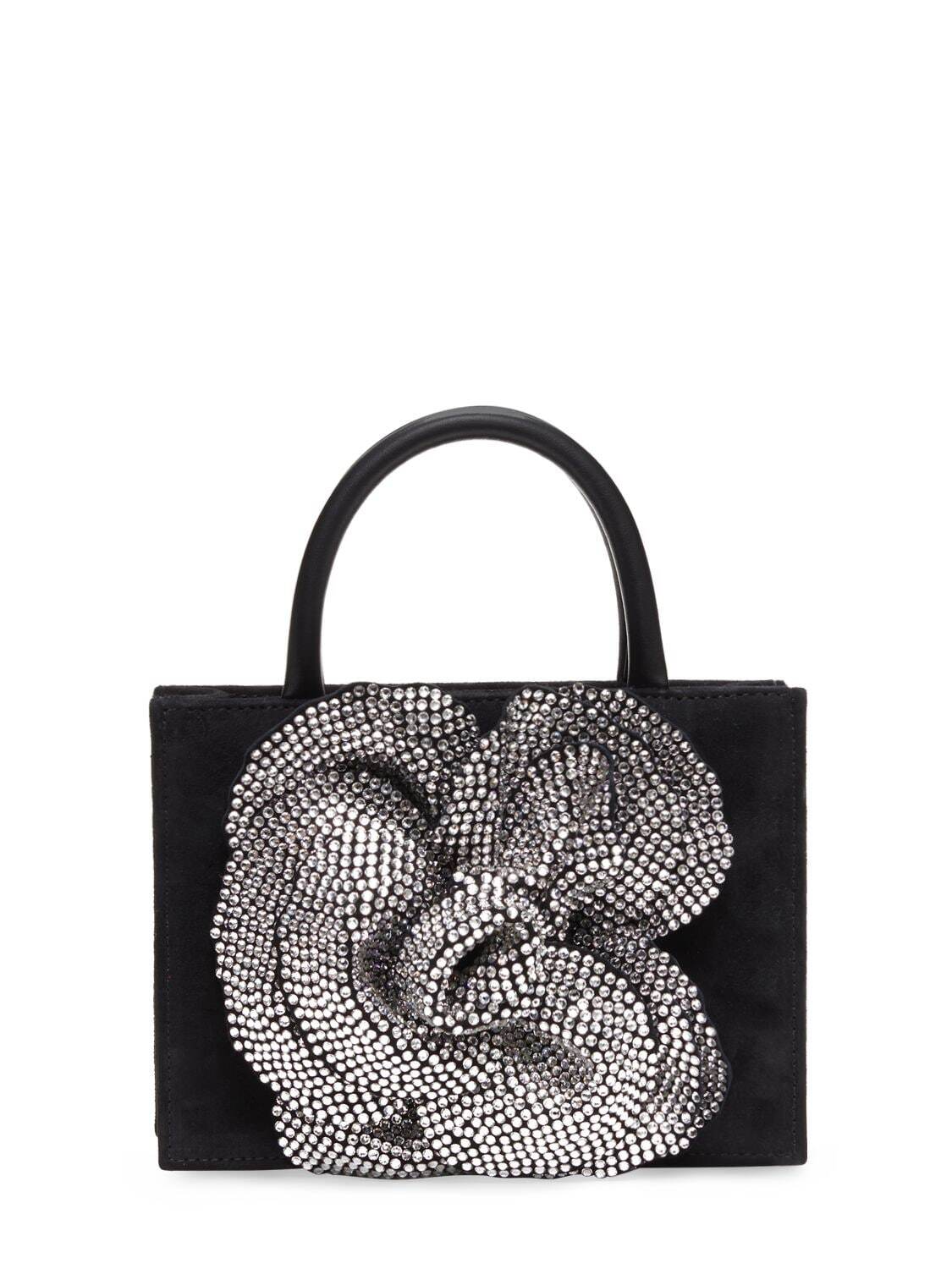 MACH & MACH Flower Satin & Crystal Top Handle Bag in black