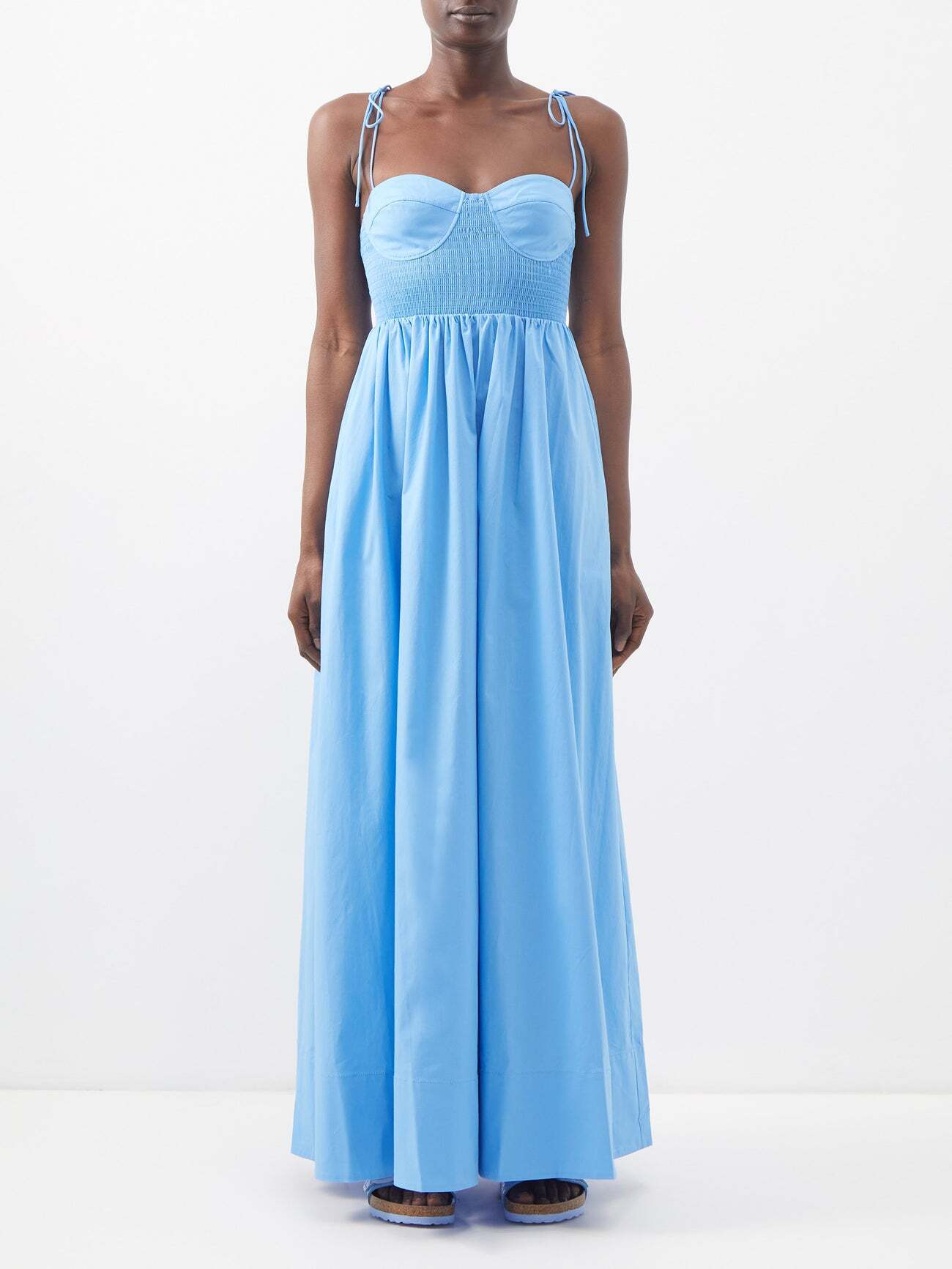 Staud - Landrey Shirred Cotton-blend Maxi Dress - Womens - Light Blue